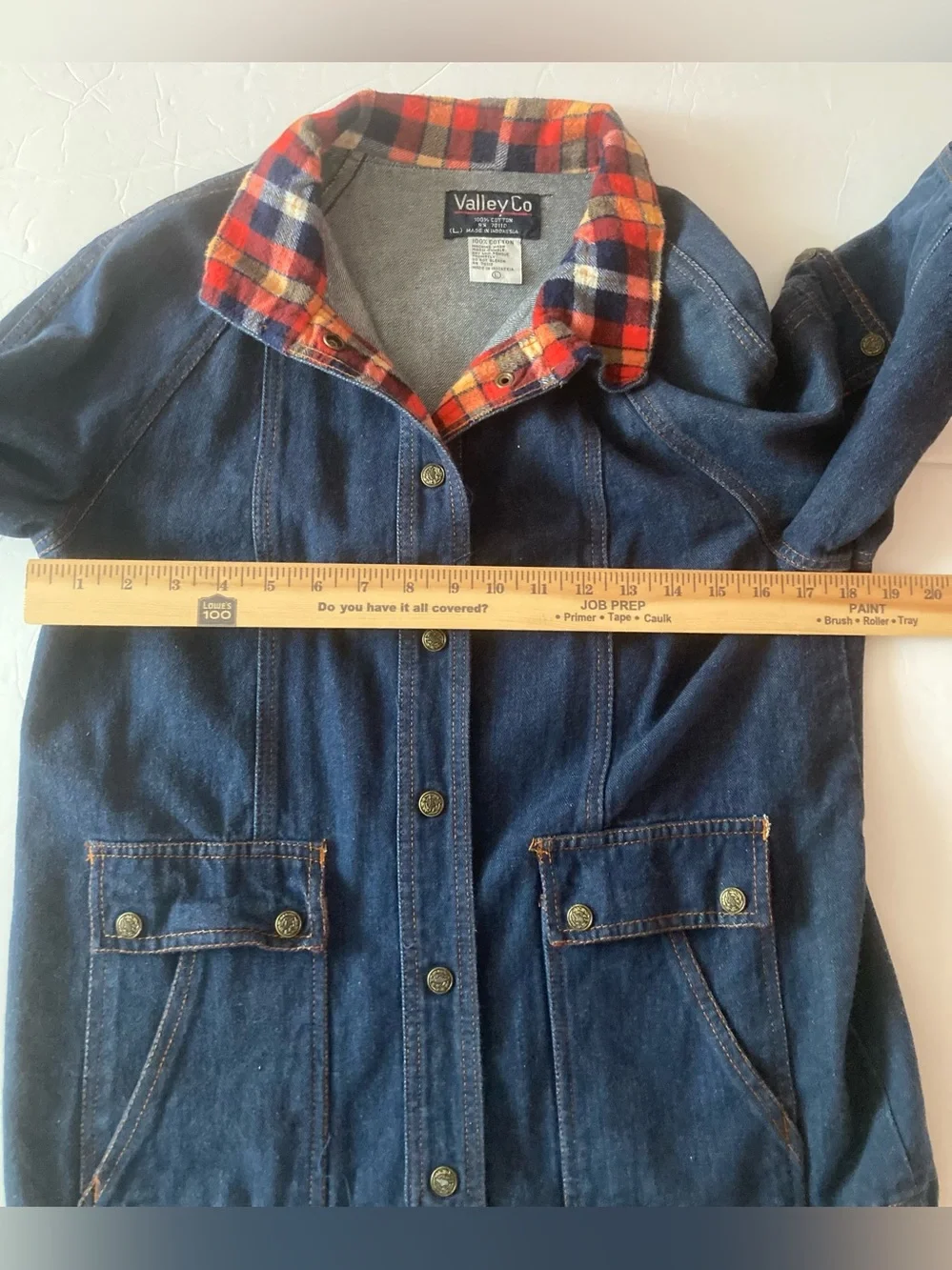 VALLEY CO SZ L Women's Denim Jacket with Red Plaid Collar 100% cotton VINTAGE